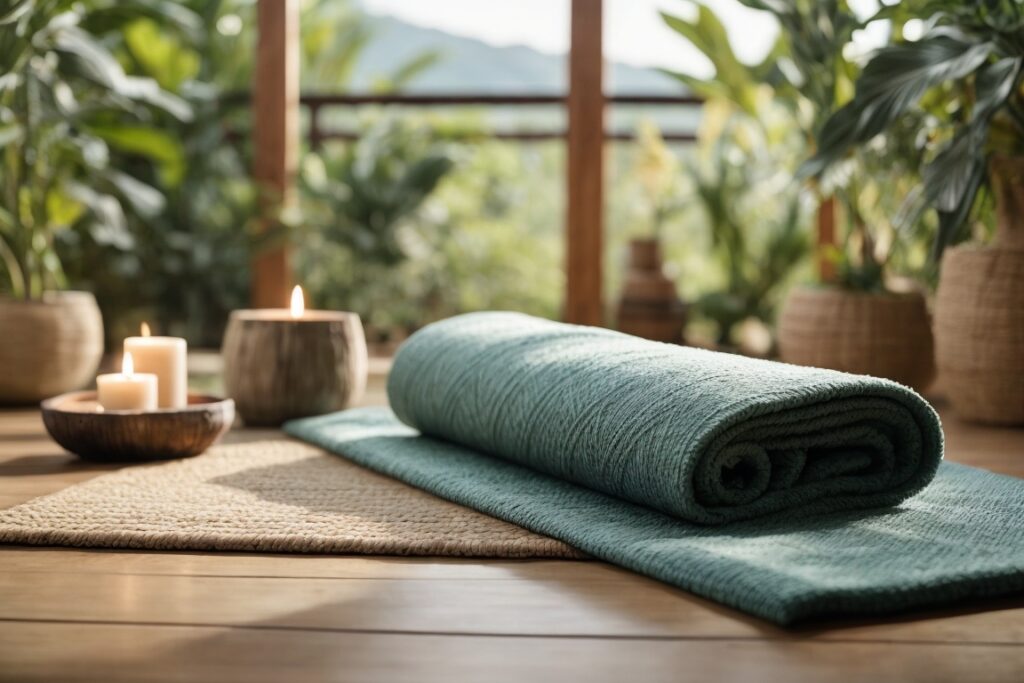 A serene yoga setting with an eco-friendly yoga rug at its center, The overall tone of image evoke feelings of tranquility, mindfulness, and a deep connection with nature